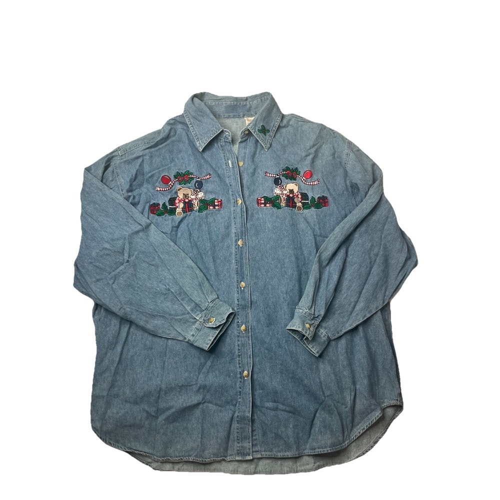 Vtg Denim Shirt Button Up Teddy Bear Embroidered Size L Christmas